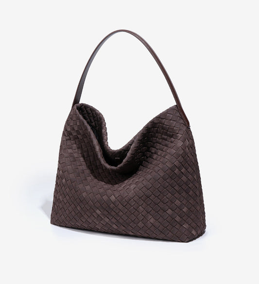 Large Woven Suede Hobo Shoulder Bag-Brown