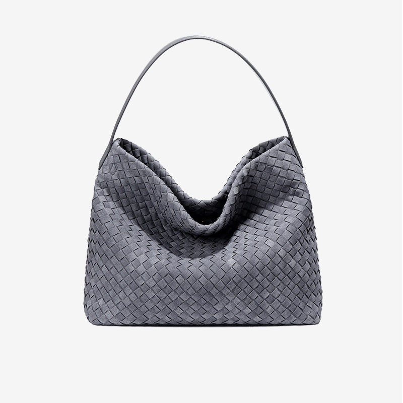 Large Woven Suede Hobo Shoulder Bag-Black