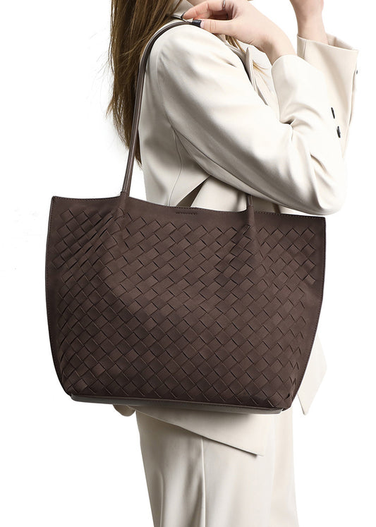 Large Woven Vegan Leather Tote Bag Set-Brown