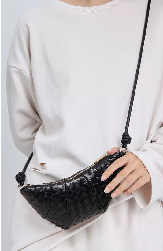 Mini Woven Croissant Crossbody Bag-Beige