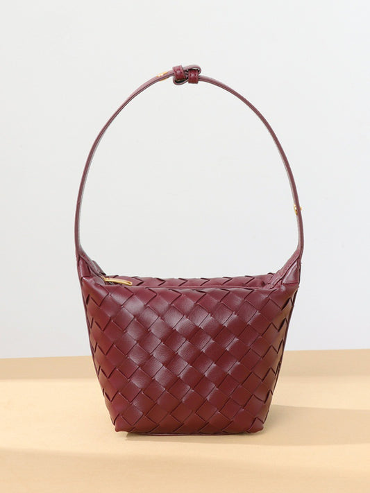 Woven Leather Bucket Bag-Brown