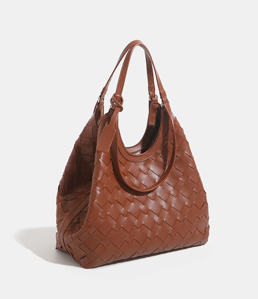 2-in-1 Oversized Woven Leather Tote Bag-Caramel
