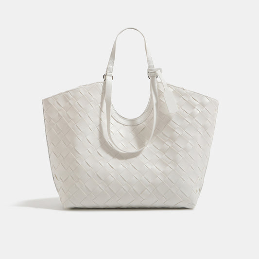 2-in-1 Oversized Woven Leather Tote Bag-Off White
