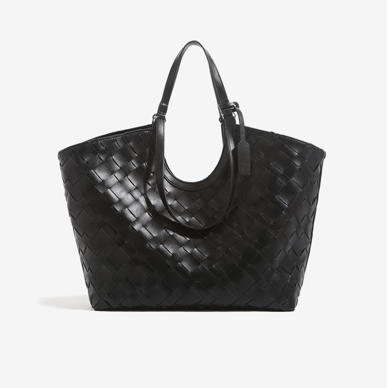 2-in-1 Oversized Woven Leather Tote Bag-Black