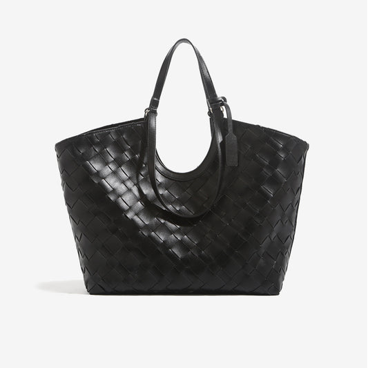 2-in-1 Oversized Woven Leather Tote Bag-Black