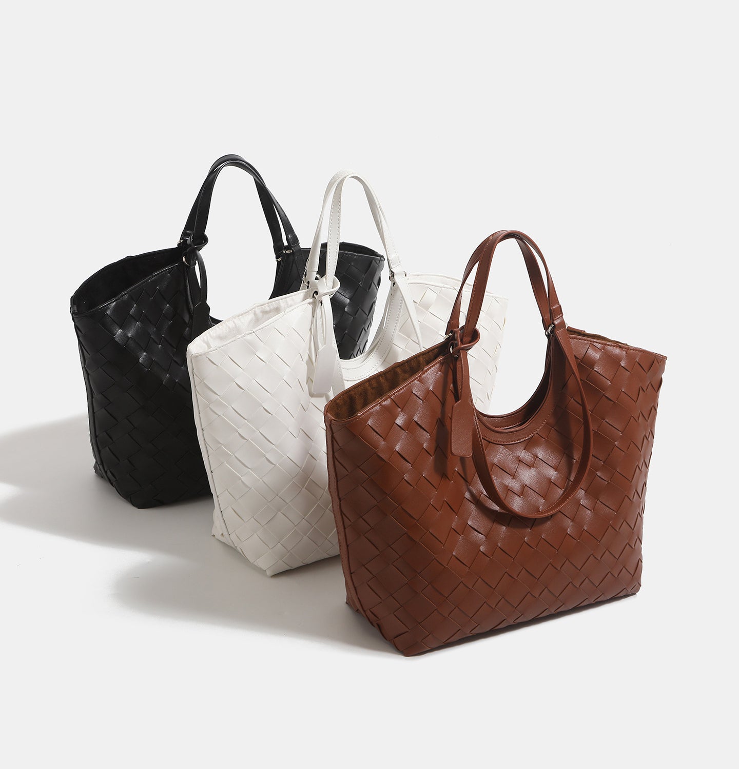 2-in-1 Oversized Woven Leather Tote Bag-Black
