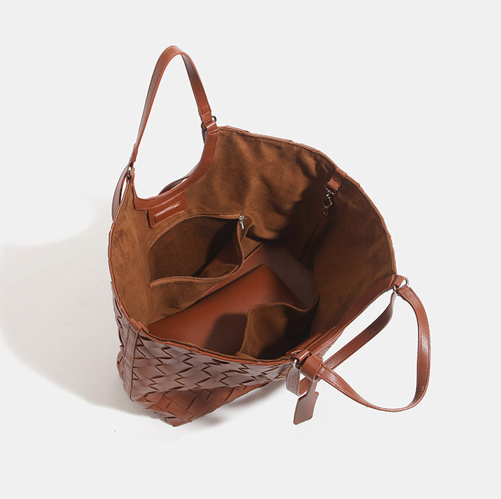 2-in-1 Oversized Woven Leather Tote Bag-Black
