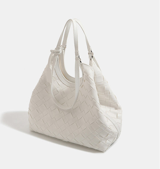 2-in-1 Oversized Woven Leather Tote Bag-Off White