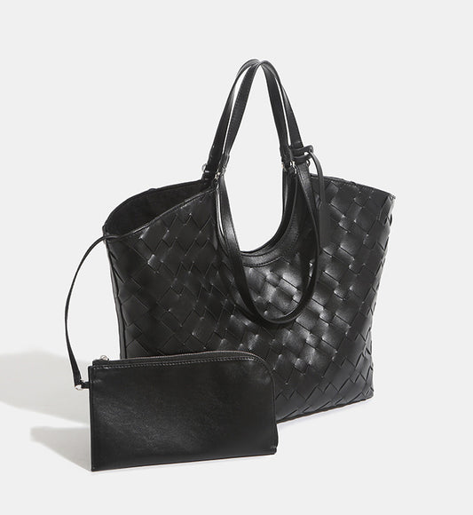 2-in-1 Oversized Woven Leather Tote Bag-Black