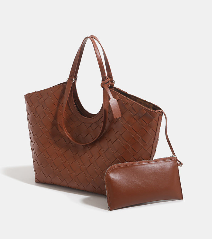2-in-1 Oversized Woven Leather Tote Bag-Black