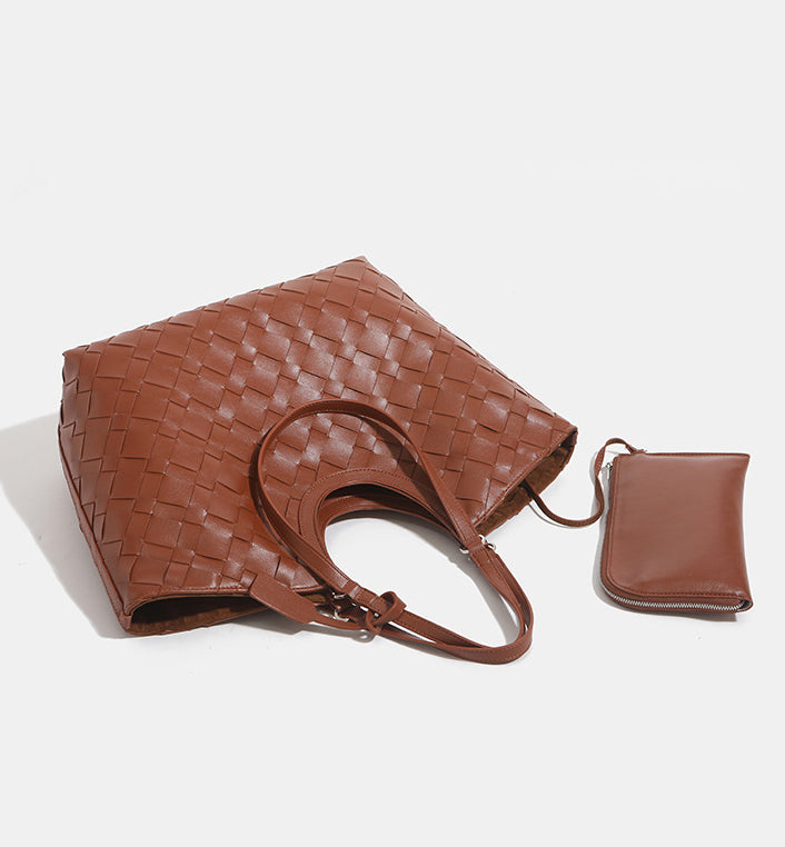 2-in-1 Oversized Woven Leather Tote Bag-Black