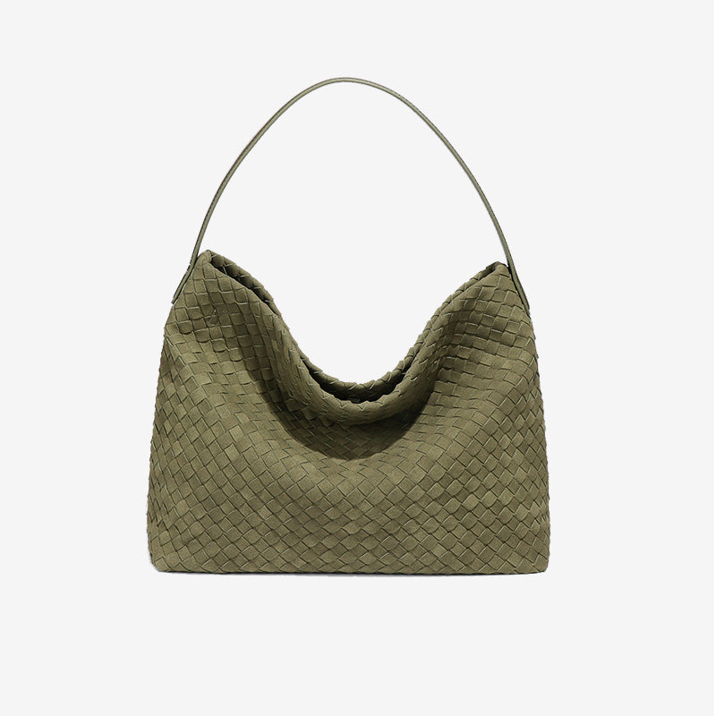 Large Woven Suede Hobo Shoulder Bag-Black