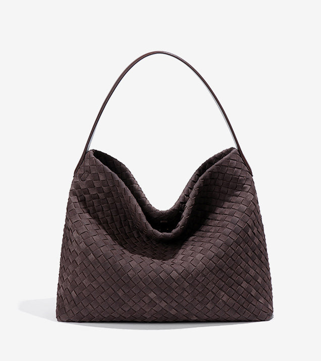 Large Woven Suede Hobo Shoulder Bag-Black
