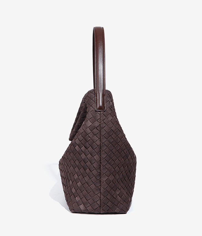 Large Woven Suede Hobo Shoulder Bag-Black