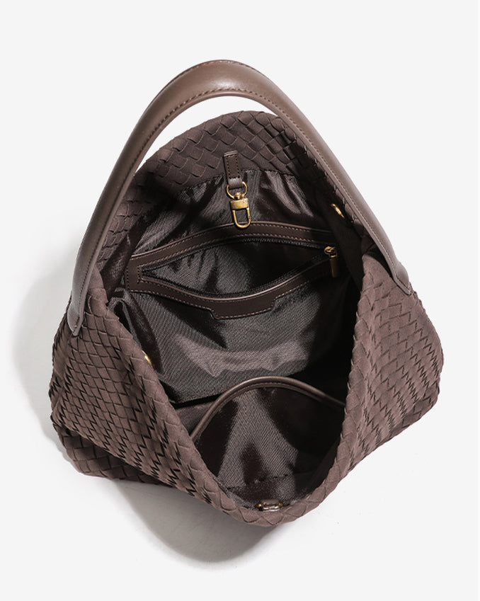 Large Woven Suede Hobo Shoulder Bag-Black