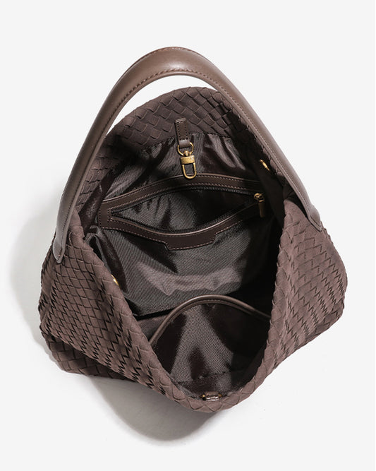Large Woven Suede Hobo Shoulder Bag-Black