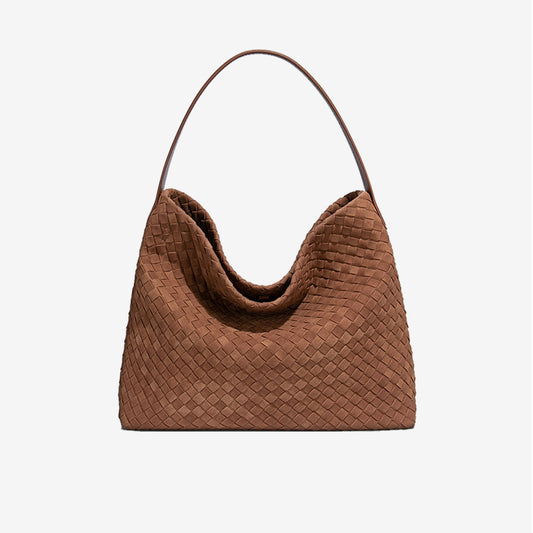 Large Woven Suede Hobo Shoulder Bag-Brown
