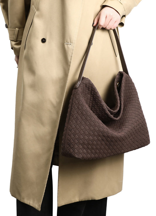 Large Woven Suede Hobo Shoulder Bag-Olive Green
