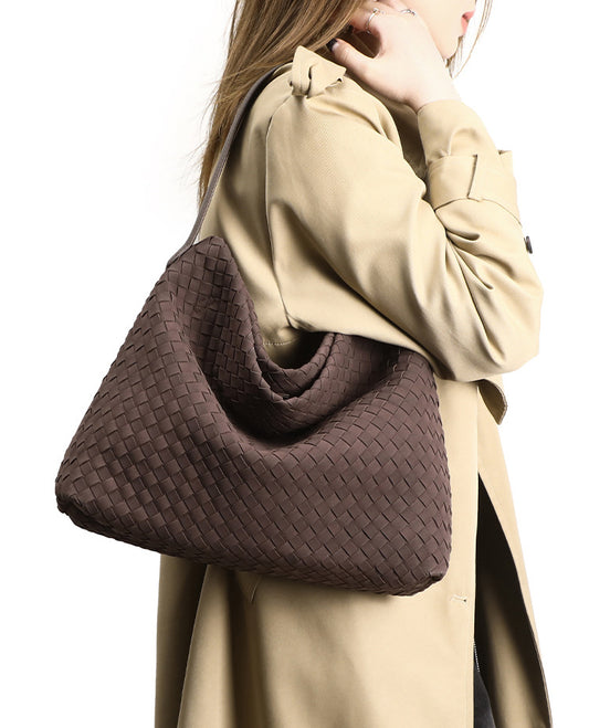 Large Woven Suede Hobo Shoulder Bag-Chocolate