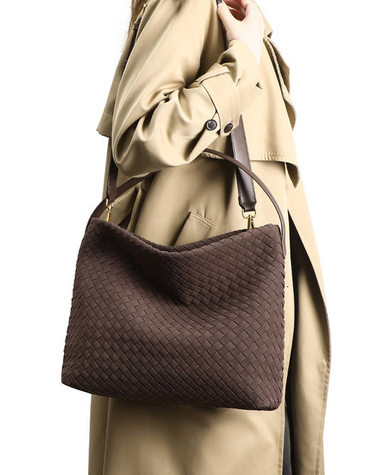 Large Woven Suede Hobo Shoulder Bag-Burgundy