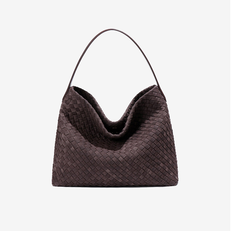 Large Woven Suede Hobo Shoulder Bag-Black
