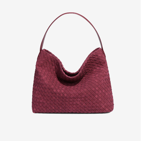 Large Woven Suede Hobo Shoulder Bag-Burgundy