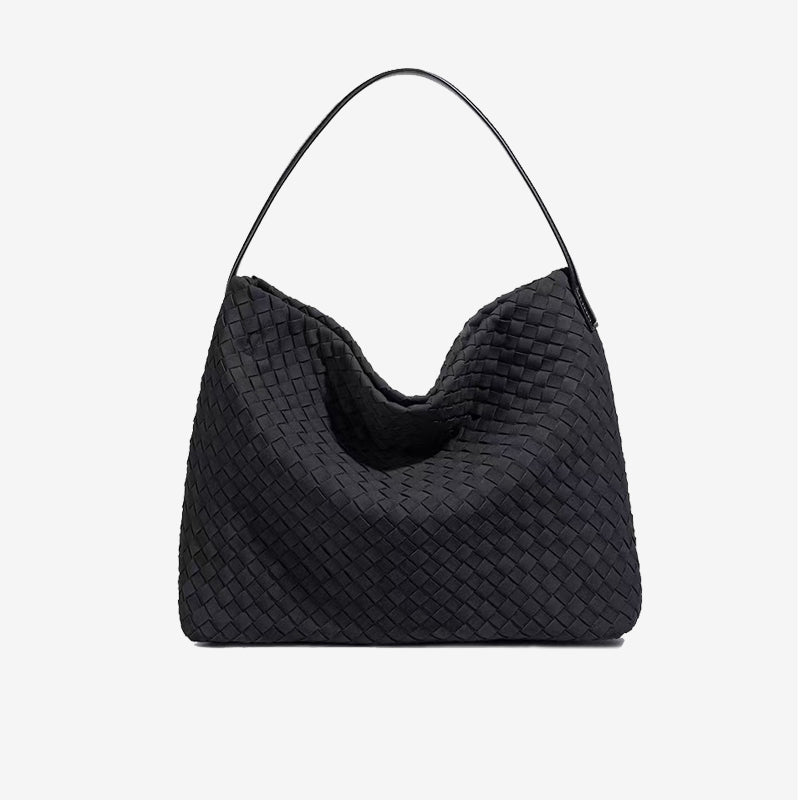 Large Woven Suede Hobo Shoulder Bag-Black