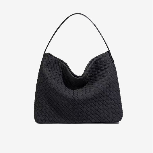 Large Woven Suede Hobo Shoulder Bag-Black