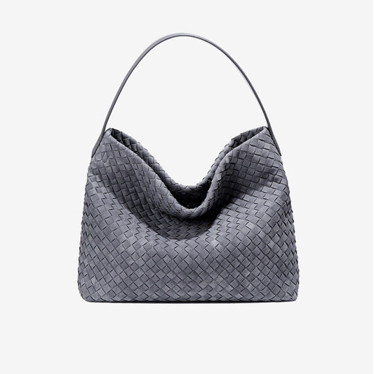 Large Woven Suede Hobo Shoulder Bag-Light Gray