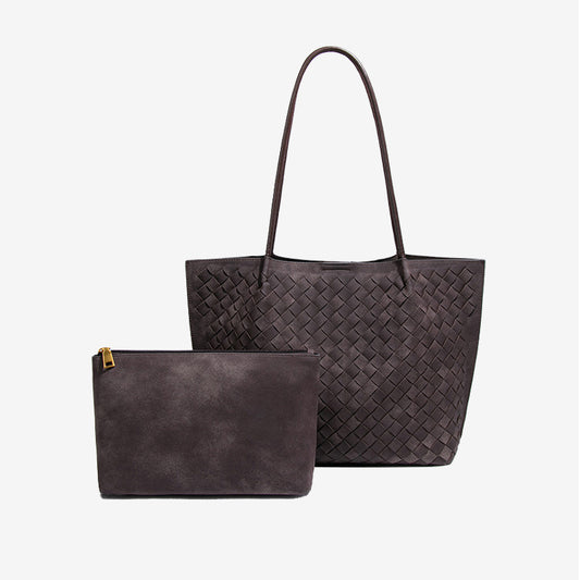 Large Woven Vegan Leather Tote Bag Set-Chocolate