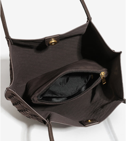 Large Woven Vegan Leather Tote Bag Set-Black