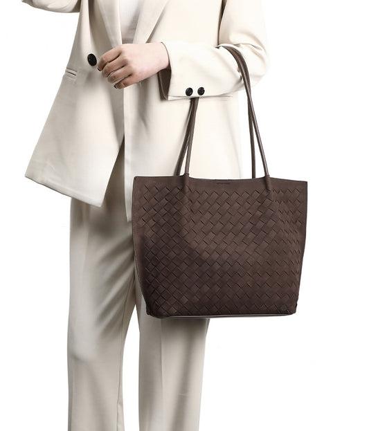 Large Woven Vegan Leather Tote Bag Set-Olive Green