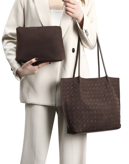 Large Woven Vegan Leather Tote Bag Set-Chocolate