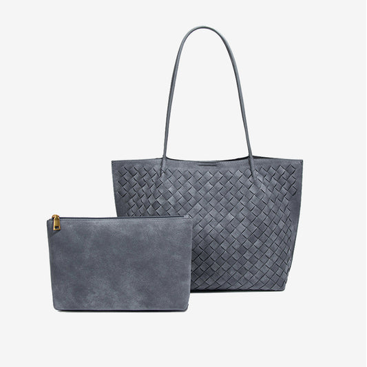 Large Woven Vegan Leather Tote Bag Set-Light Gray