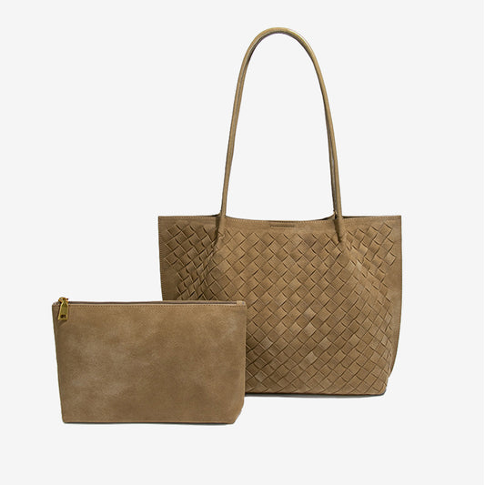 Large Woven Vegan Leather Tote Bag Set-Khaki