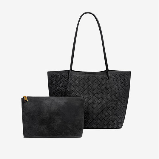 Large Woven Vegan Leather Tote Bag Set-Black