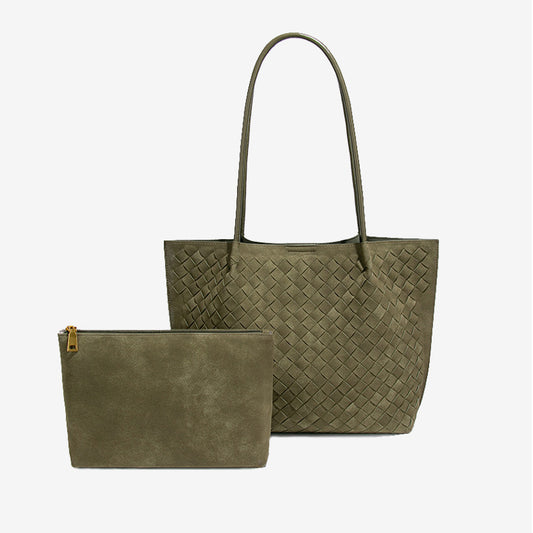 Large Woven Vegan Leather Tote Bag Set-Olive Green