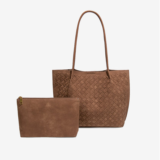Large Woven Vegan Leather Tote Bag Set-Brown