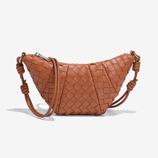 Mini Woven Croissant Crossbody Bag-Caramel