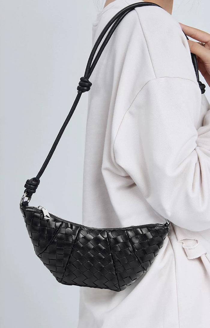 Mini Woven Croissant Crossbody Bag-Black