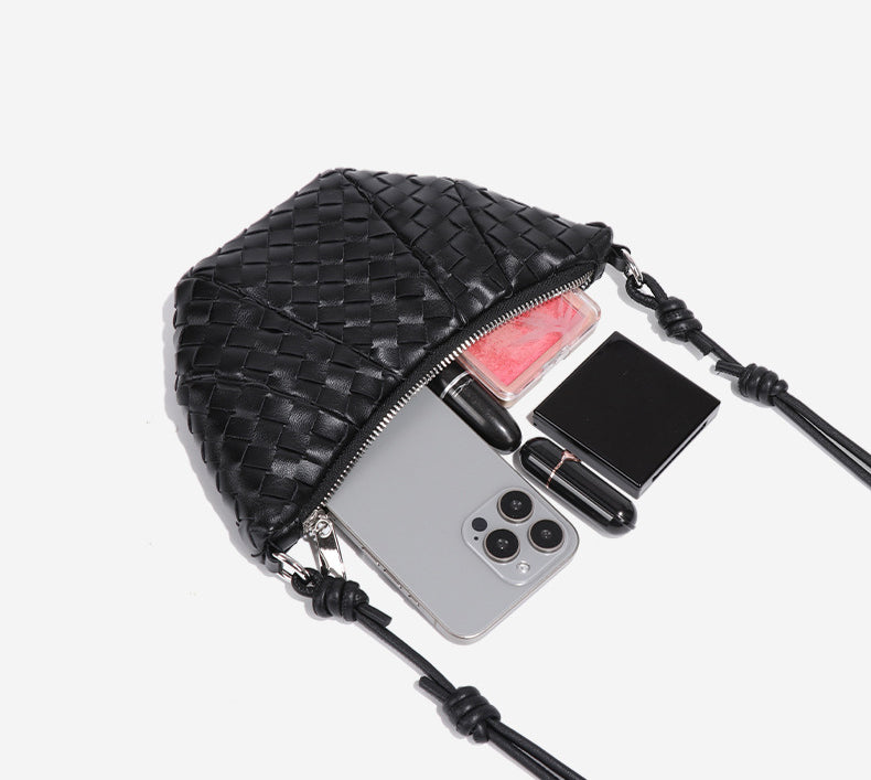 Mini Woven Croissant Crossbody Bag-Black