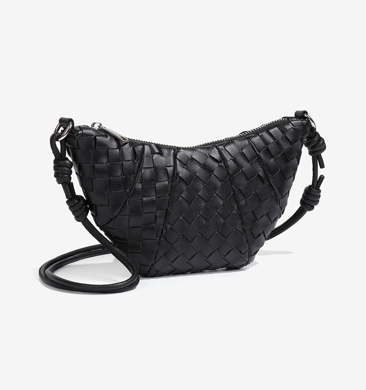Mini Woven Croissant Crossbody Bag-Black