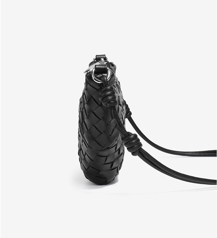 Mini Woven Croissant Crossbody Bag-Black