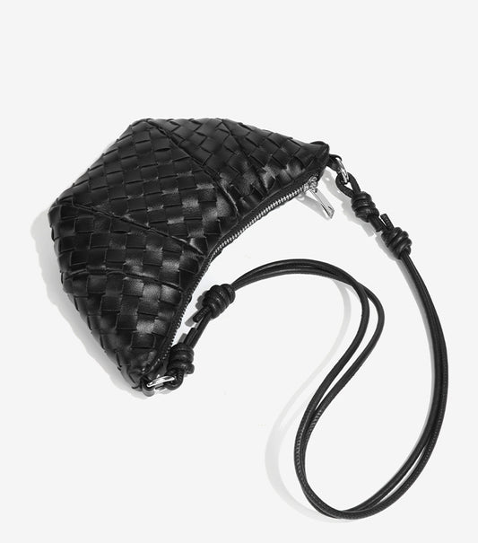 Mini Woven Croissant Crossbody Bag-Caramel