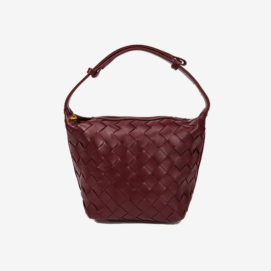 Woven Leather Bucket Bag-Burgundy