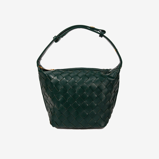 Woven Leather Bucket Bag-Dark Green