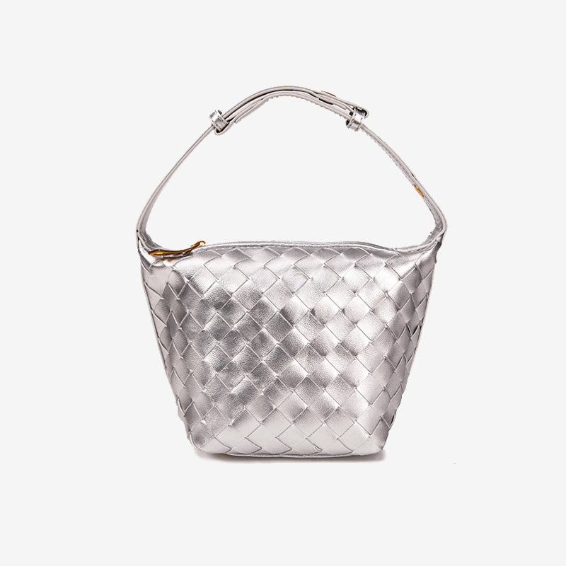 Woven Leather Bucket Bag-Black