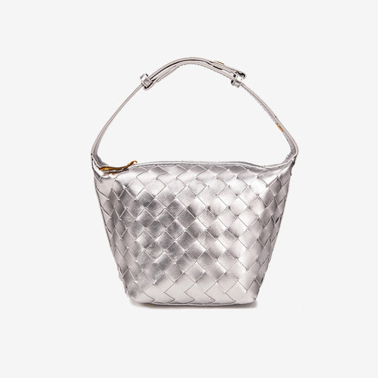 Woven Leather Bucket Bag-Silver