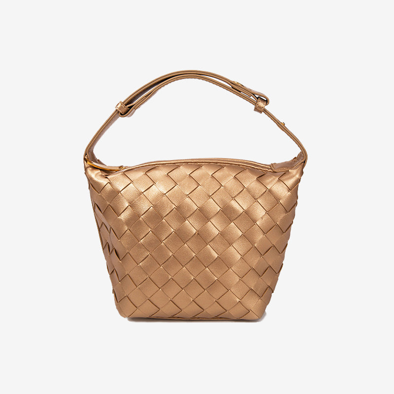 Woven Leather Bucket Bag-Black