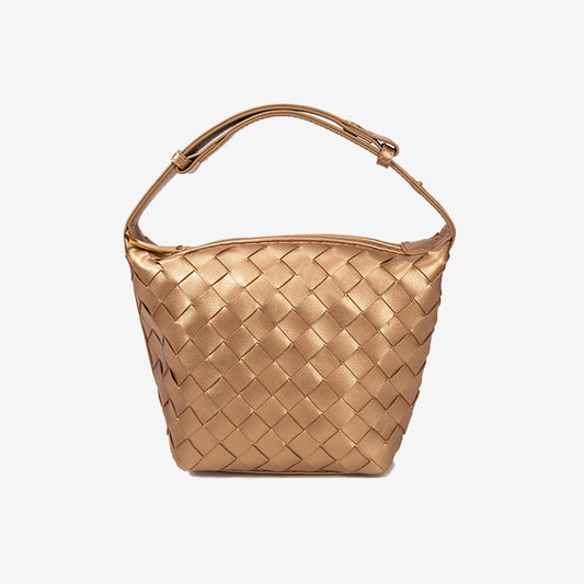Woven Leather Bucket Bag-Gold